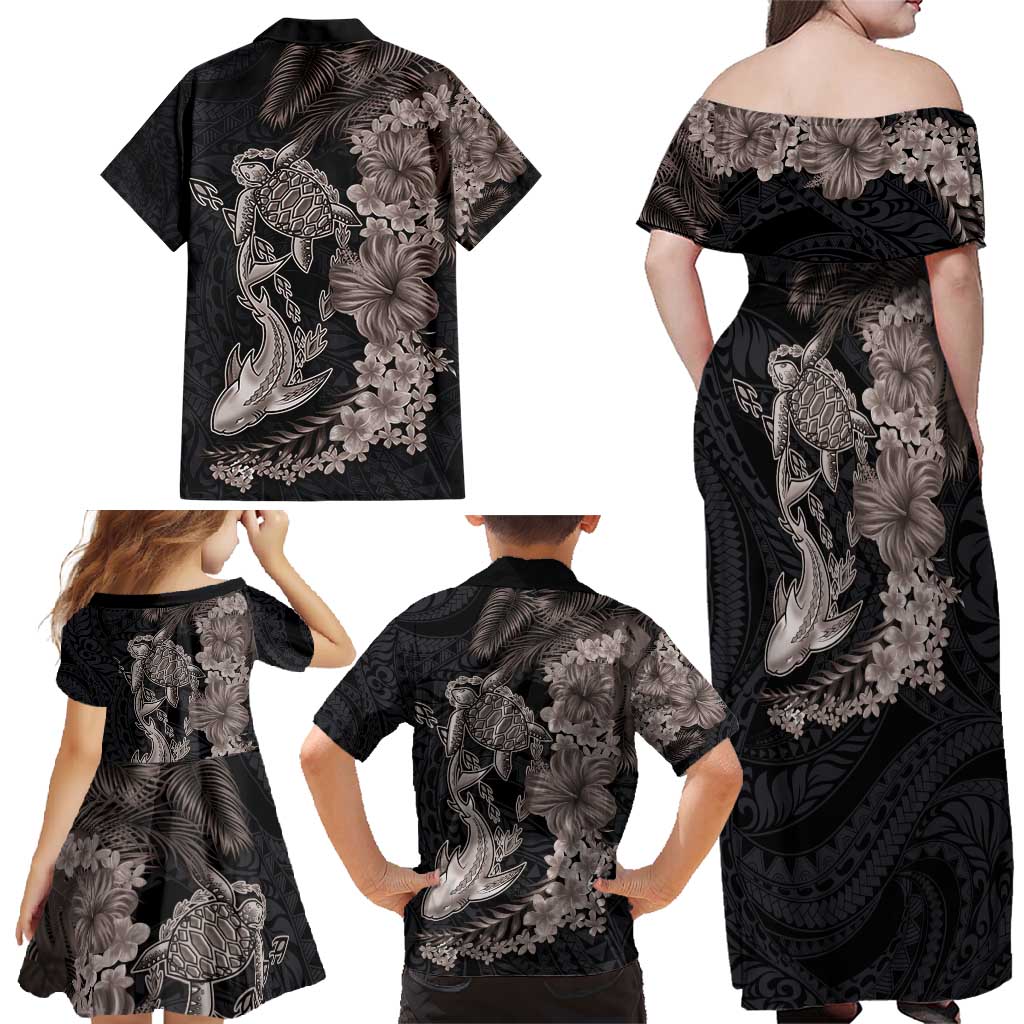Hawaiian Tropical Plants Turtle and Shark Family Matching Off Shoulder Maxi Dress and Hawaiian Shirt Polynesian Art Tattoo Grayscale Color
