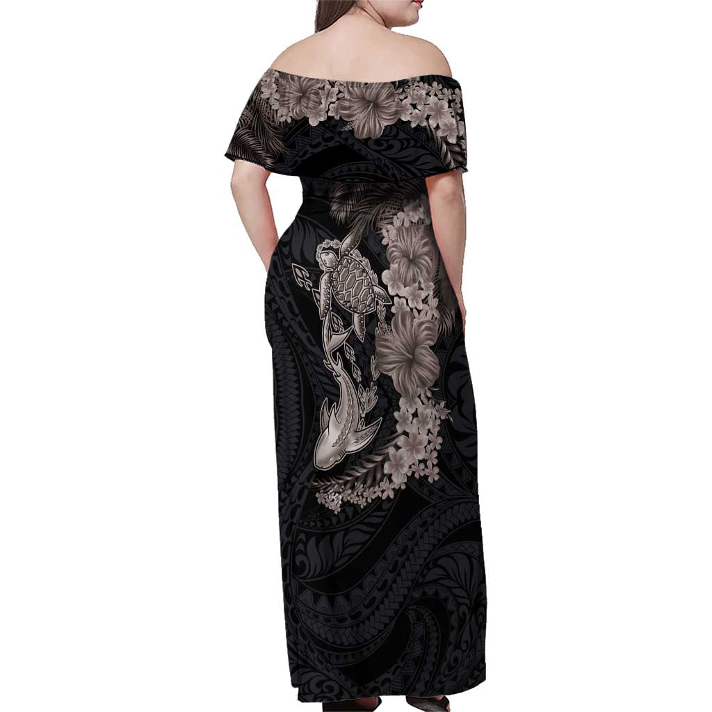 Hawaiian Tropical Plants Turtle and Shark Family Matching Off Shoulder Maxi Dress and Hawaiian Shirt Polynesian Art Tattoo Grayscale Color