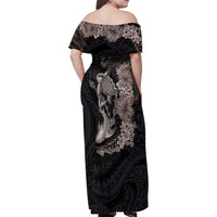 Hawaiian Tropical Plants Turtle and Shark Family Matching Off Shoulder Maxi Dress and Hawaiian Shirt Polynesian Art Tattoo Grayscale Color