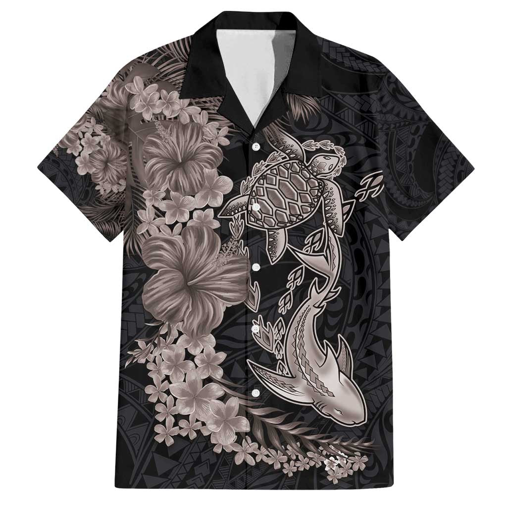 Hawaiian Tropical Plants Turtle and Shark Family Matching Off Shoulder Short Dress and Hawaiian Shirt Polynesian Art Tattoo Grayscale Color
