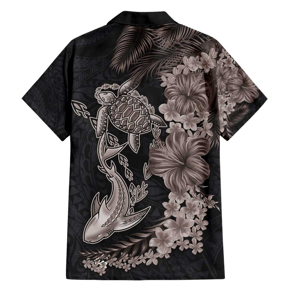 Hawaiian Tropical Plants Turtle and Shark Family Matching Off Shoulder Short Dress and Hawaiian Shirt Polynesian Art Tattoo Grayscale Color