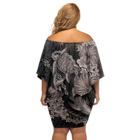 Hawaiian Tropical Plants Turtle and Shark Family Matching Off Shoulder Short Dress and Hawaiian Shirt Polynesian Art Tattoo Grayscale Color