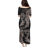 Hawaiian Tropical Plants Turtle and Shark Family Matching Puletasi and Hawaiian Shirt Polynesian Art Tattoo Grayscale Color