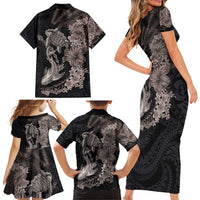 Hawaiian Tropical Plants Turtle and Shark Family Matching Short Sleeve Bodycon Dress and Hawaiian Shirt Polynesian Art Tattoo Grayscale Color