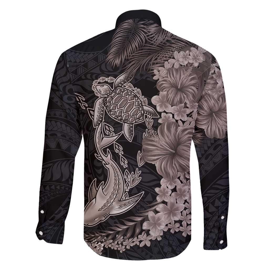 Hawaiian Tropical Plants Turtle and Shark Family Matching Summer Maxi Dress and Hawaiian Shirt Polynesian Art Tattoo Grayscale Color