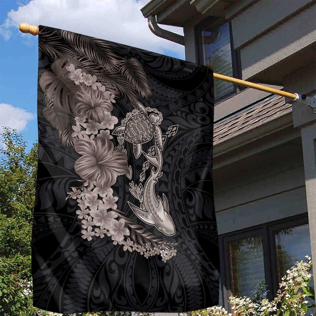 Hawaiian Tropical Plants Turtle and Shark Garden Flag Polynesian Art Tattoo Grayscale Color