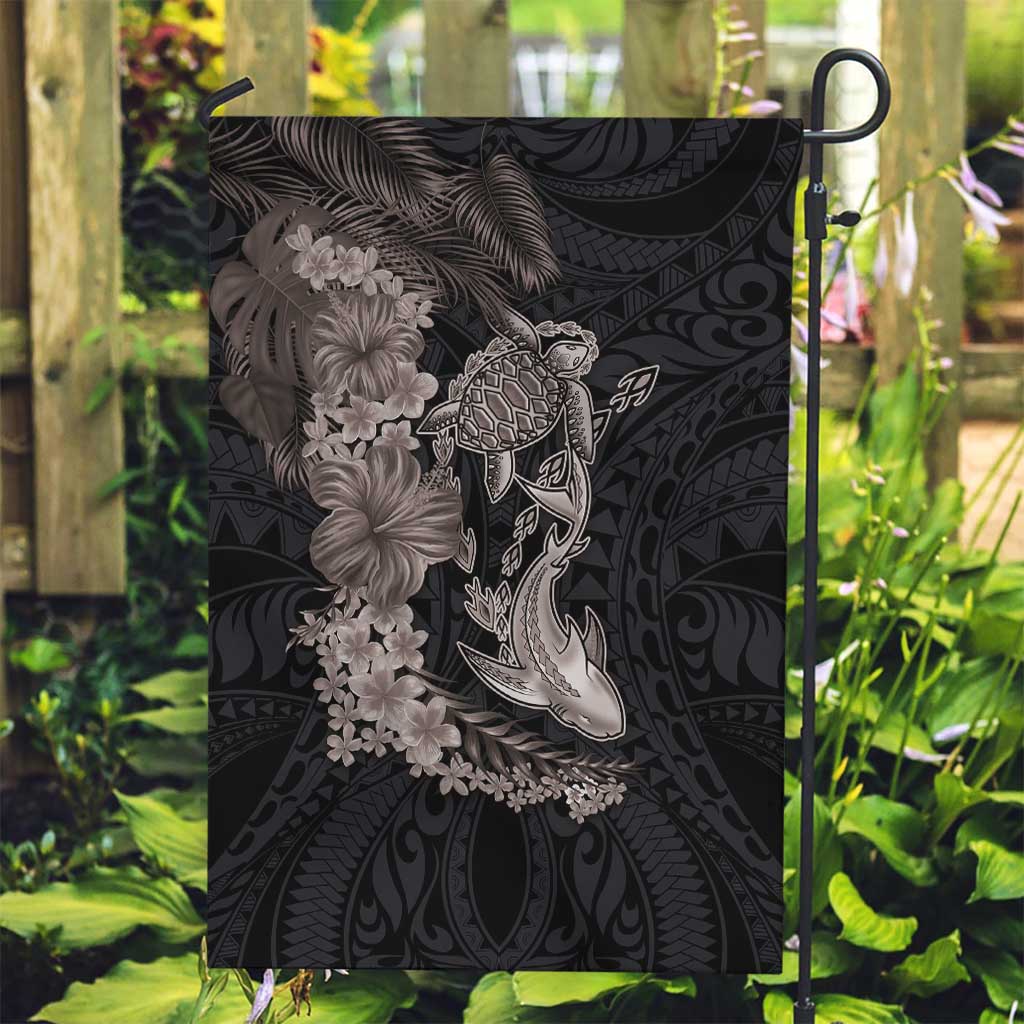 Hawaiian Tropical Plants Turtle and Shark Garden Flag Polynesian Art Tattoo Grayscale Color