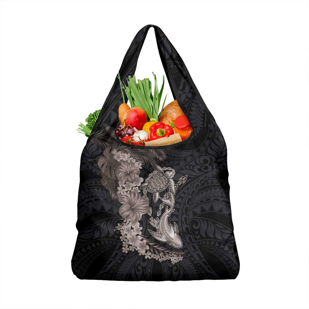 Hawaiian Tropical Plants Turtle and Shark Grocery Bag Polynesian Art Tattoo Grayscale Color