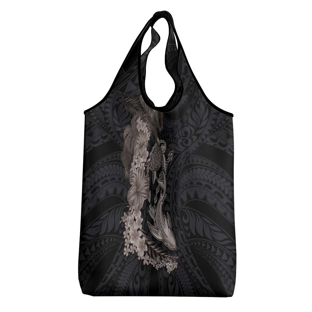 Hawaiian Tropical Plants Turtle and Shark Grocery Bag Polynesian Art Tattoo Grayscale Color