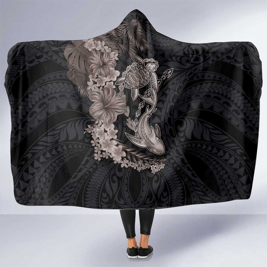 Hawaiian Tropical Plants Turtle and Shark Hooded Blanket Polynesian Art Tattoo Grayscale Color