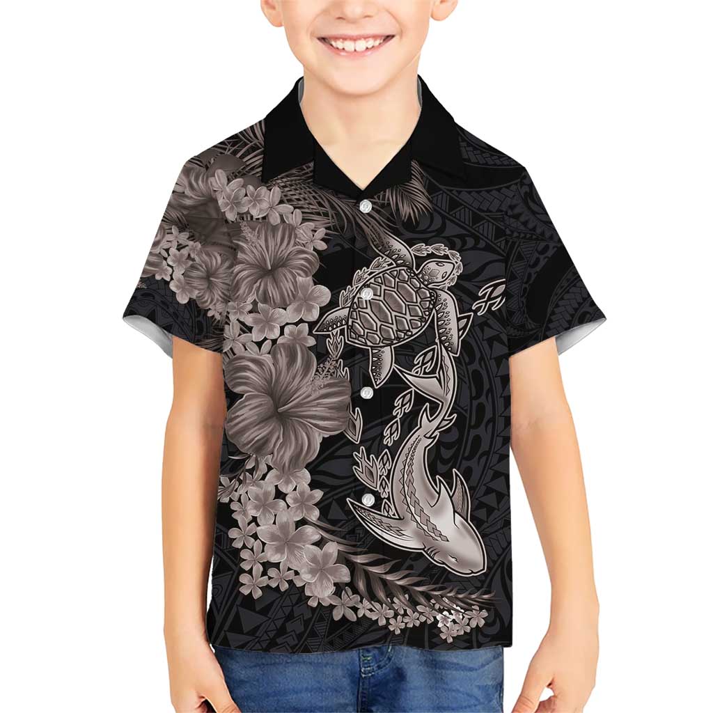 Hawaiian Tropical Plants Turtle and Shark Kid Hawaiian Shirt Polynesian Art Tattoo Grayscale Color LT03 Kid Black - Polynesian Pride