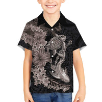 Hawaiian Tropical Plants Turtle and Shark Kid Hawaiian Shirt Polynesian Art Tattoo Grayscale Color LT03 Kid Black - Polynesian Pride