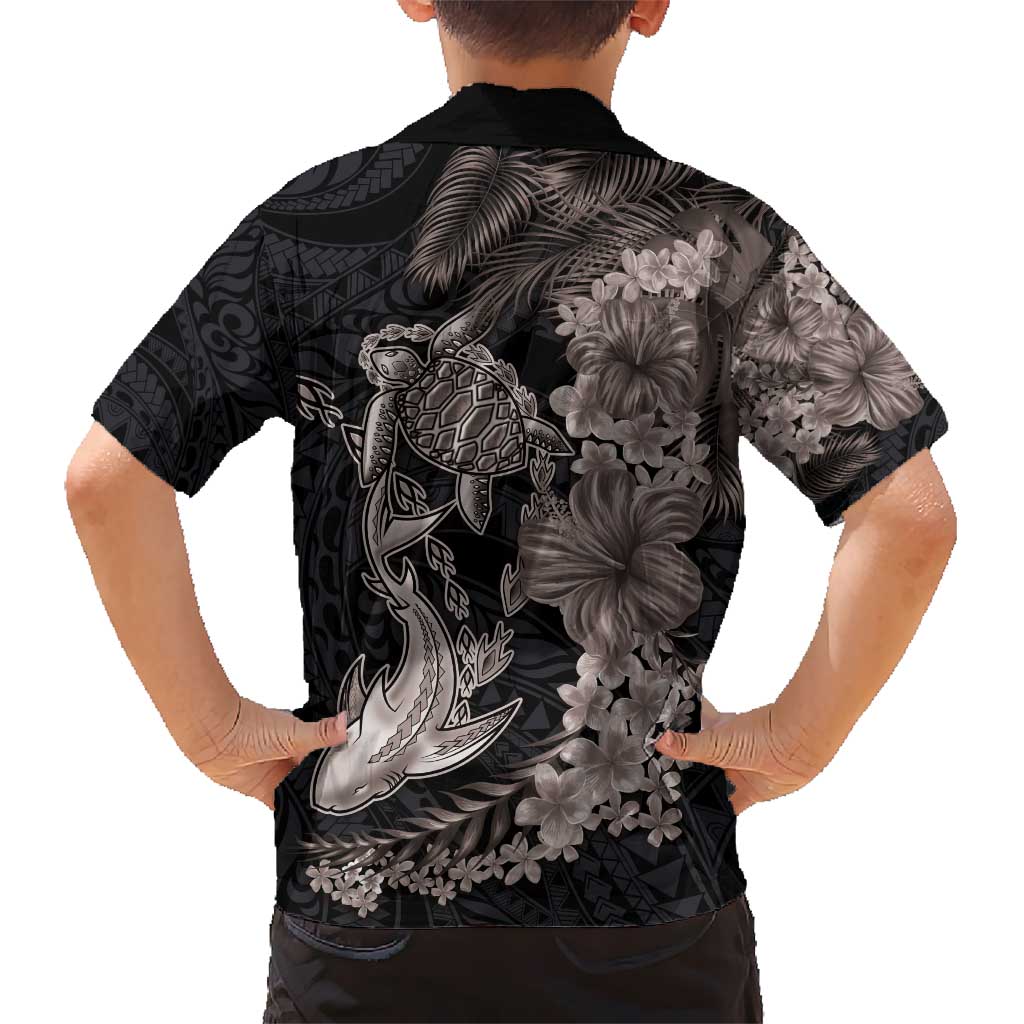 Hawaiian Tropical Plants Turtle and Shark Kid Hawaiian Shirt Polynesian Art Tattoo Grayscale Color LT03 - Polynesian Pride