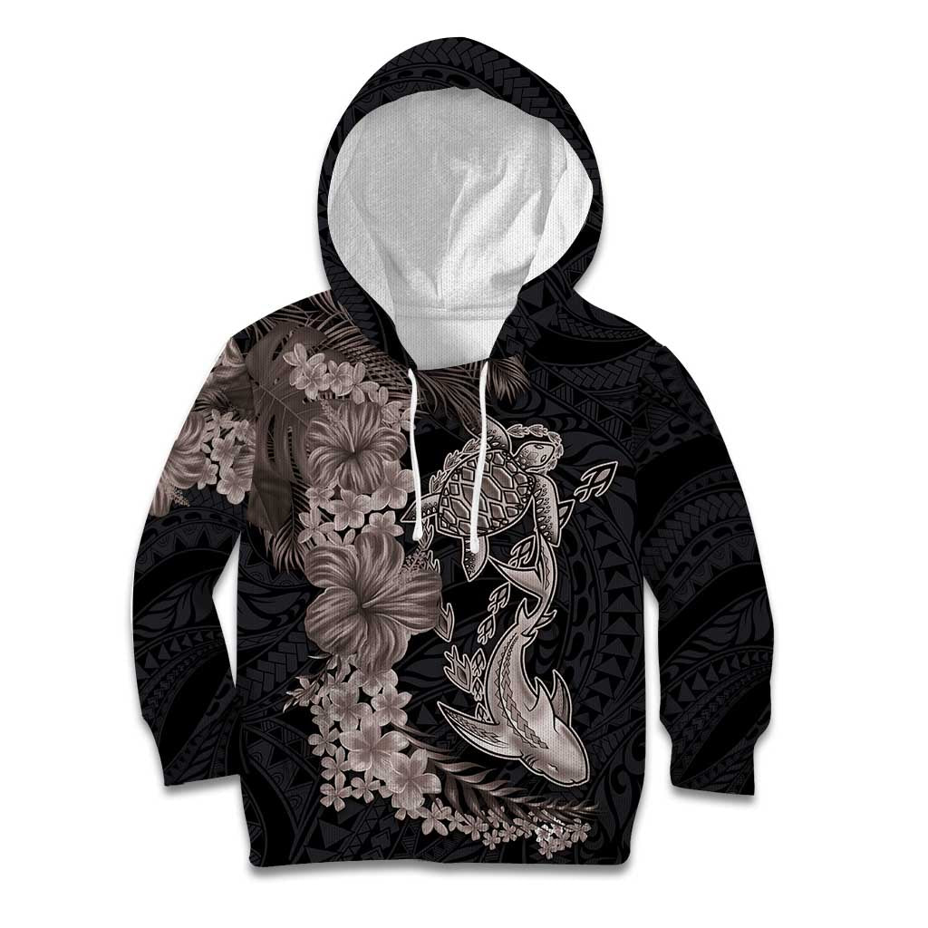 Hawaiian Tropical Plants Turtle and Shark Kid Hoodie Polynesian Art Tattoo Grayscale Color LT03 Hoodie Black - Polynesian Pride