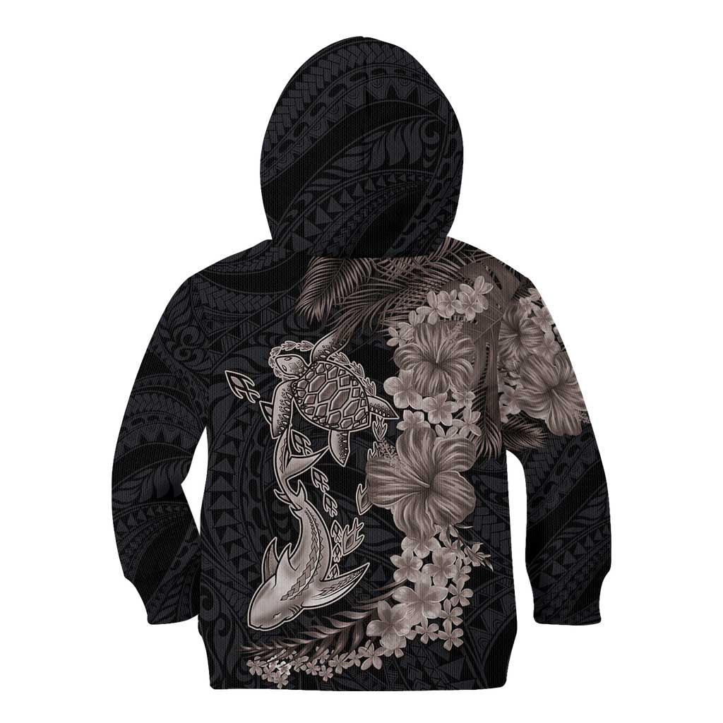 Hawaiian Tropical Plants Turtle and Shark Kid Hoodie Polynesian Art Tattoo Grayscale Color LT03 - Polynesian Pride