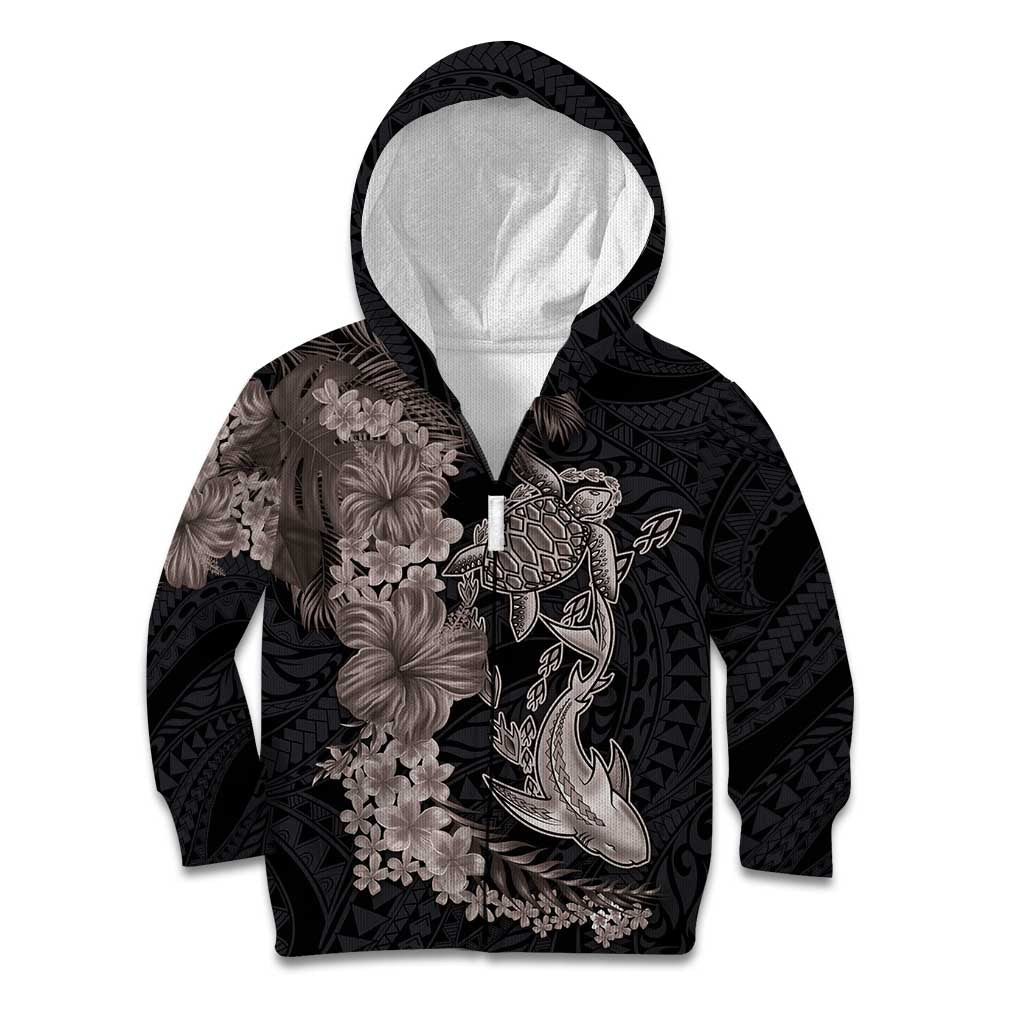Hawaiian Tropical Plants Turtle and Shark Kid Hoodie Polynesian Art Tattoo Grayscale Color LT03 Zip Hoodie Black - Polynesian Pride