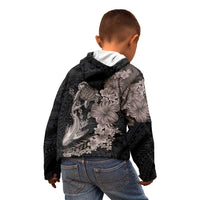 Hawaiian Tropical Plants Turtle and Shark Kid Hoodie Polynesian Art Tattoo Grayscale Color LT03 - Polynesian Pride