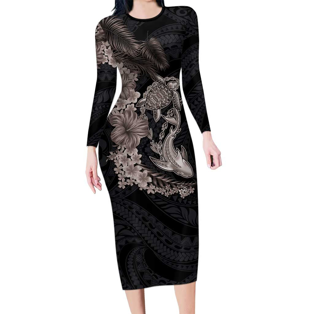 Hawaiian Tropical Plants Turtle and Shark Long Sleeve Bodycon Dress Polynesian Art Tattoo Grayscale Color