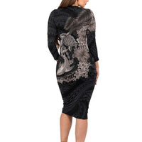 Hawaiian Tropical Plants Turtle and Shark Long Sleeve Bodycon Dress Polynesian Art Tattoo Grayscale Color