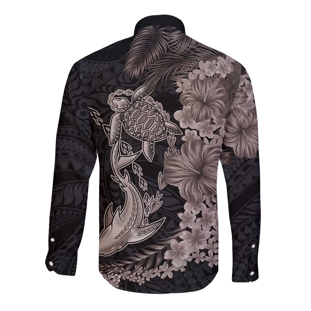 Hawaiian Tropical Plants Turtle and Shark Long Sleeve Button Shirt Polynesian Art Tattoo Grayscale Color LT03 - Polynesian Pride