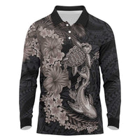 Hawaiian Tropical Plants Turtle and Shark Long Sleeve Polo Shirt Polynesian Art Tattoo Grayscale Color