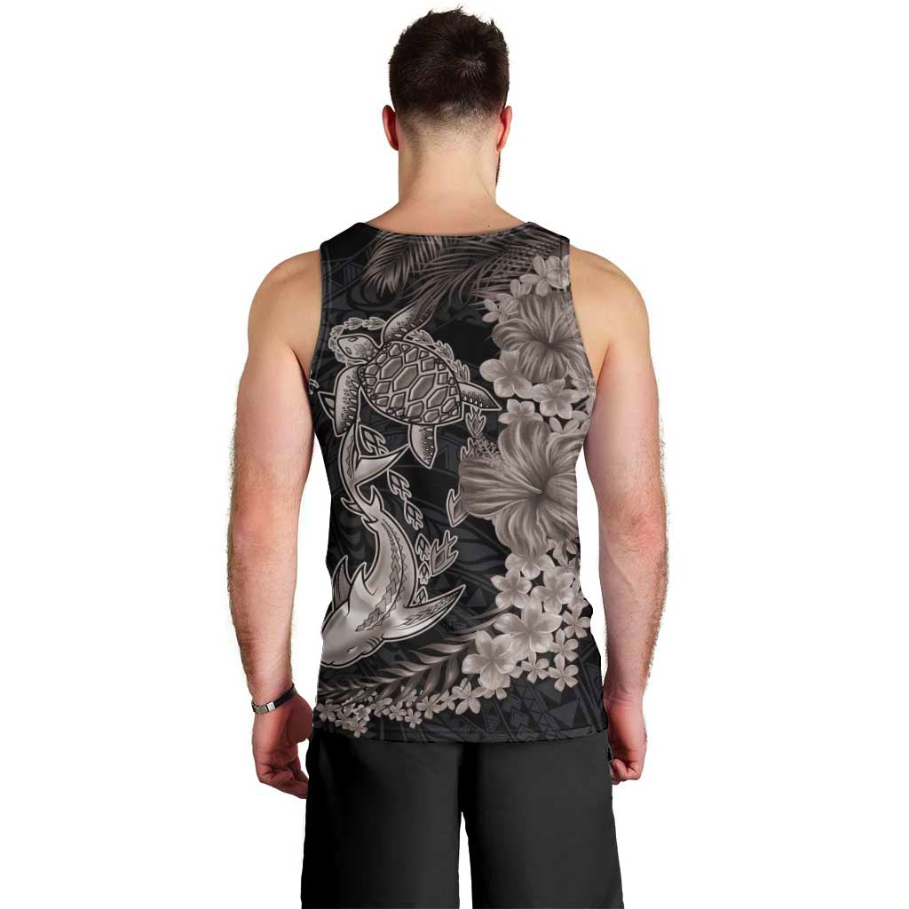 Hawaiian Tropical Plants Turtle and Shark Men Tank Top Polynesian Art Tattoo Grayscale Color
