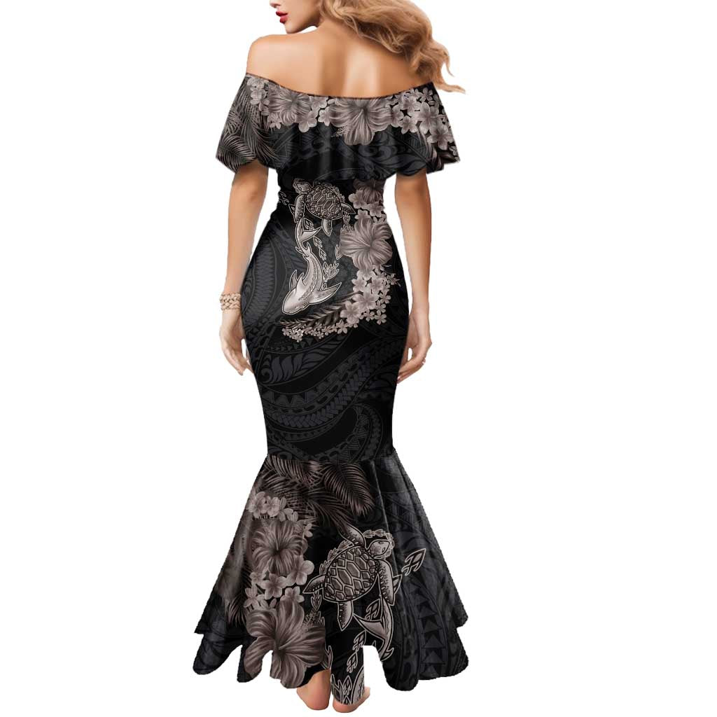 Hawaiian Tropical Plants Turtle and Shark Mermaid Dress Polynesian Art Tattoo Grayscale Color