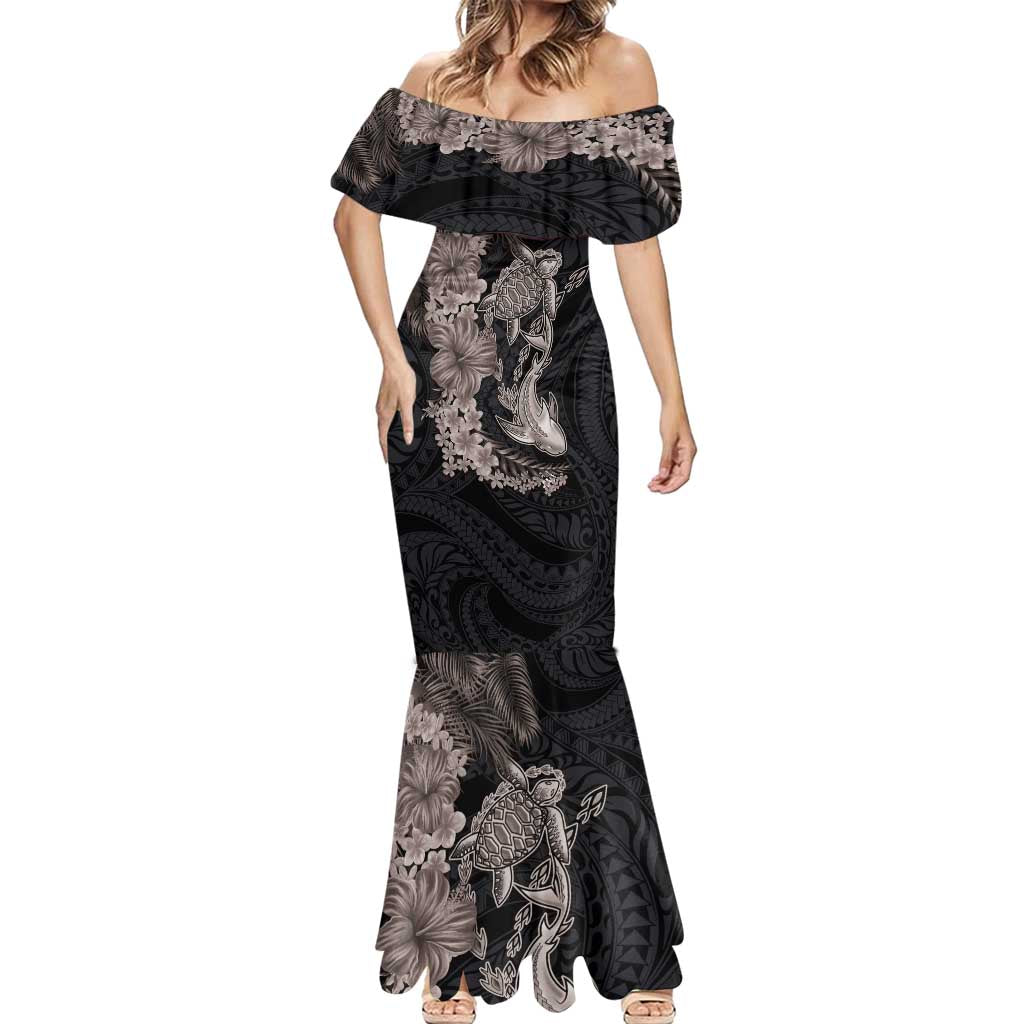 Hawaiian Tropical Plants Turtle and Shark Mermaid Dress Polynesian Art Tattoo Grayscale Color