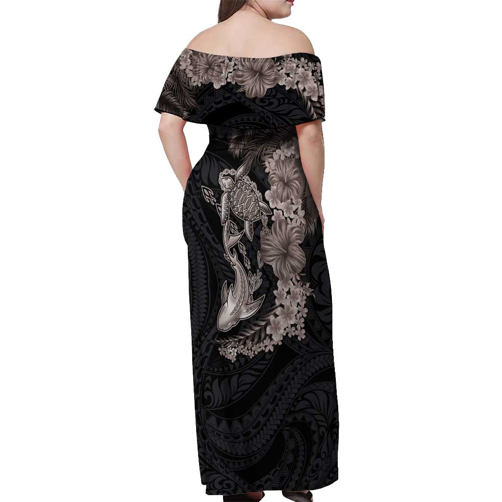 Hawaiian Tropical Plants Turtle and Shark Off Shoulder Maxi Dress Polynesian Art Tattoo Grayscale Color LT03 - Polynesian Pride