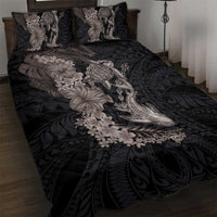 Hawaiian Tropical Plants Turtle and Shark Quilt Bed Set Polynesian Art Tattoo Grayscale Color LT03 Black - Polynesian Pride