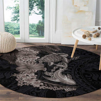 Hawaiian Tropical Plants Turtle and Shark Round Carpet Polynesian Art Tattoo Grayscale Color