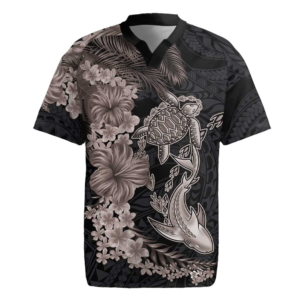 Hawaiian Tropical Plants Turtle and Shark Rugby Jersey Polynesian Art Tattoo Grayscale Color