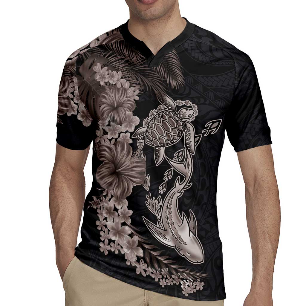 Hawaiian Tropical Plants Turtle and Shark Rugby Jersey Polynesian Art Tattoo Grayscale Color