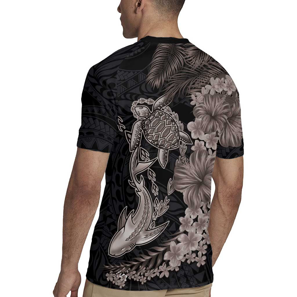 Hawaiian Tropical Plants Turtle and Shark Rugby Jersey Polynesian Art Tattoo Grayscale Color