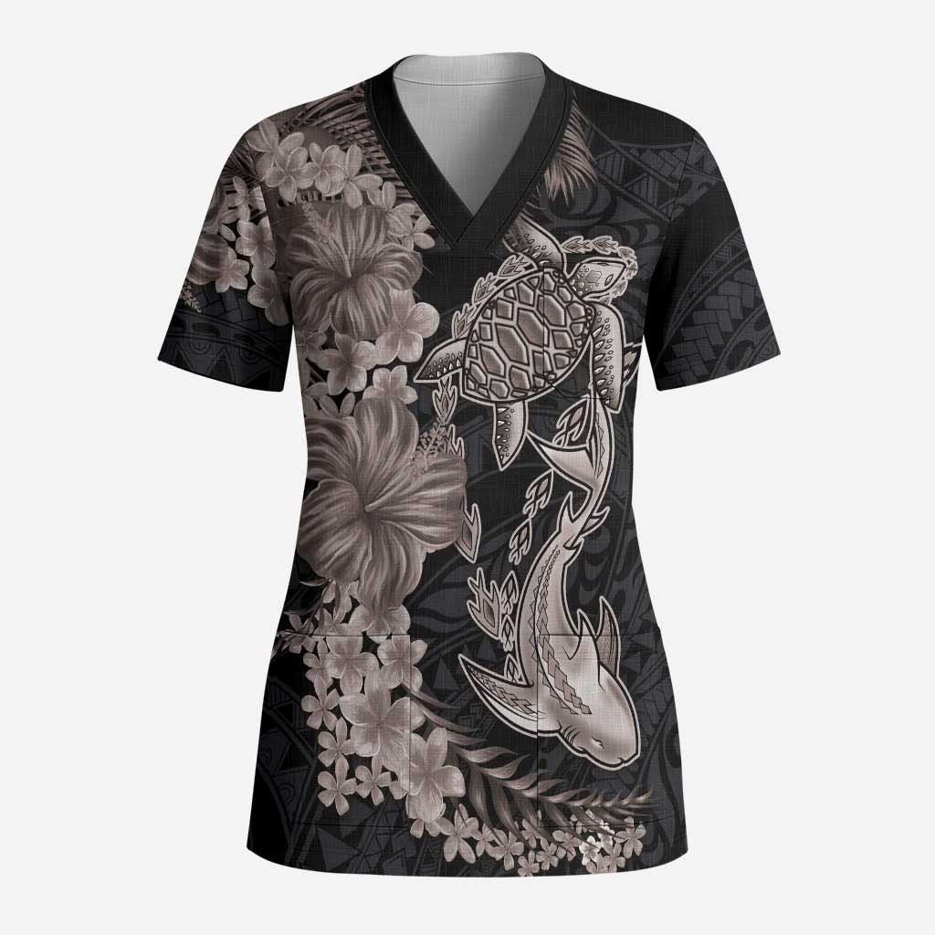 Hawaiian Tropical Plants Turtle and Shark Scrub Top Polynesian Art Tattoo Grayscale Color - Polynesian Pride