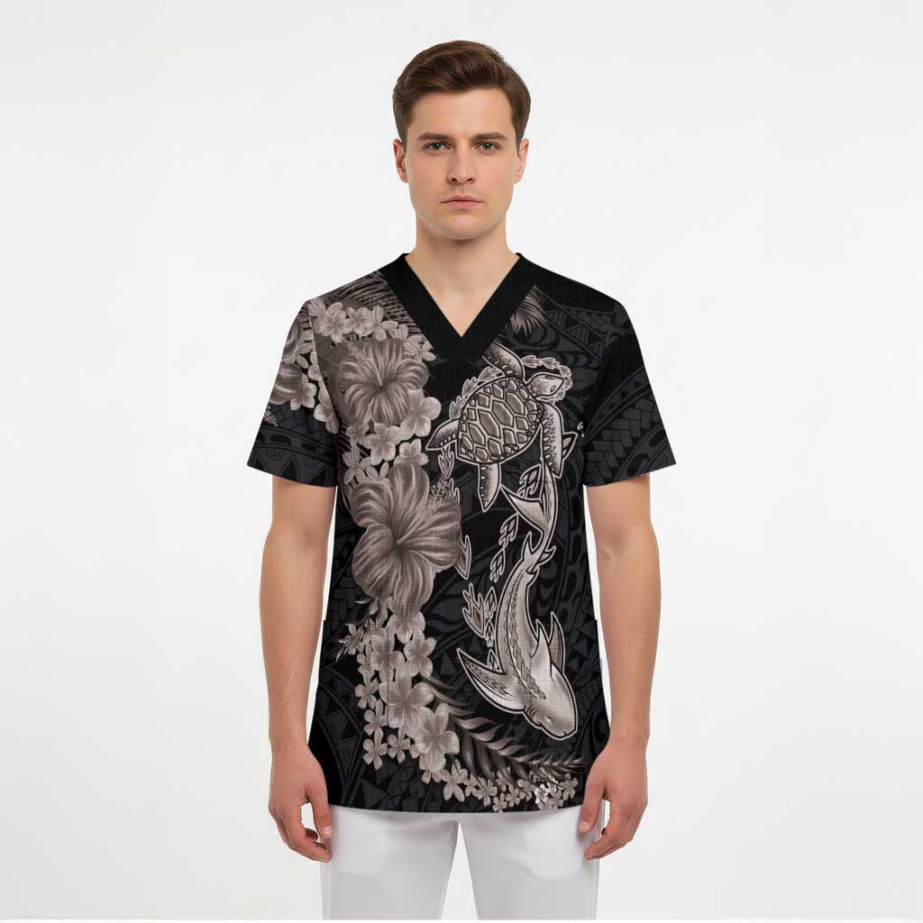 Hawaiian Tropical Plants Turtle and Shark Scrub Top Polynesian Art Tattoo Grayscale Color - Polynesian Pride