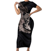Hawaiian Tropical Plants Turtle and Shark Short Sleeve Bodycon Dress Polynesian Art Tattoo Grayscale Color
