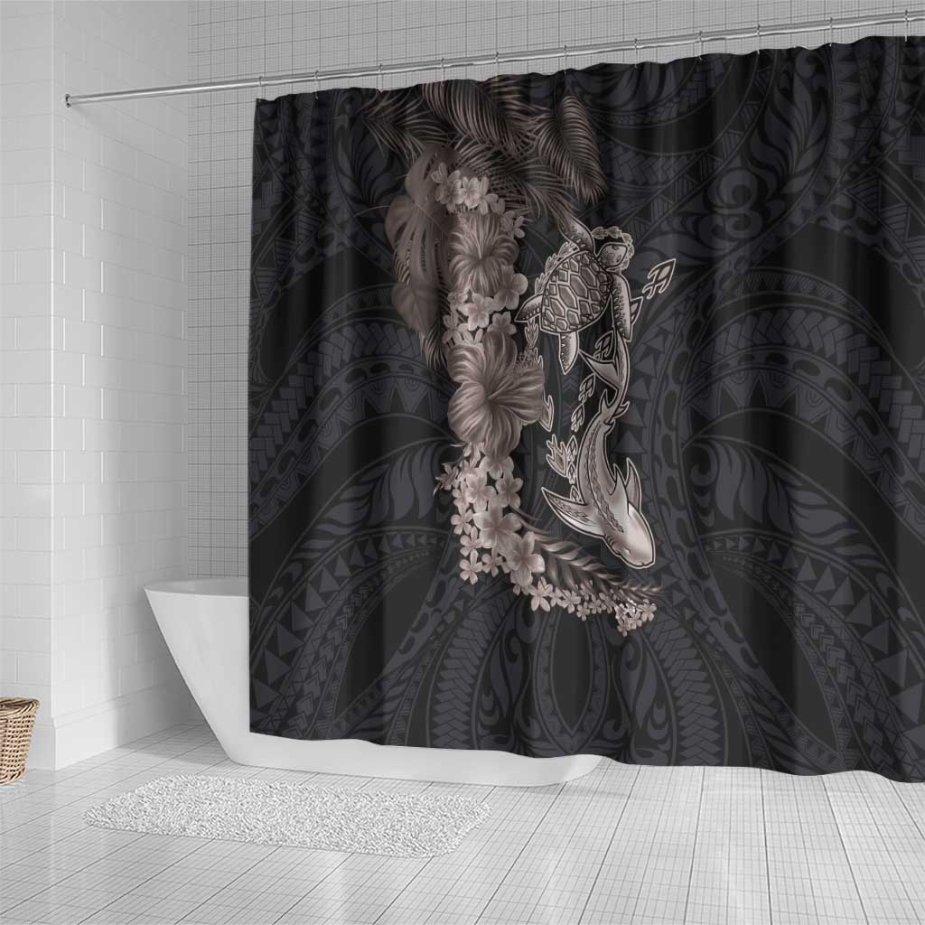 Hawaiian Tropical Plants Turtle and Shark Shower Curtain Polynesian Art Tattoo Grayscale Color