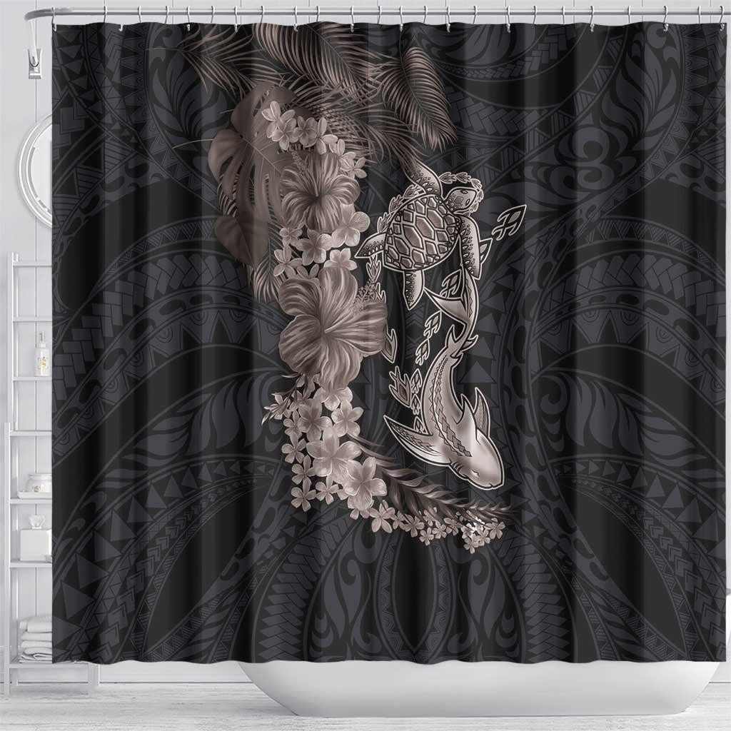 Hawaiian Tropical Plants Turtle and Shark Shower Curtain Polynesian Art Tattoo Grayscale Color