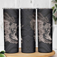 Hawaiian Tropical Plants Turtle and Shark Skinny Tumbler Polynesian Art Tattoo Grayscale Color
