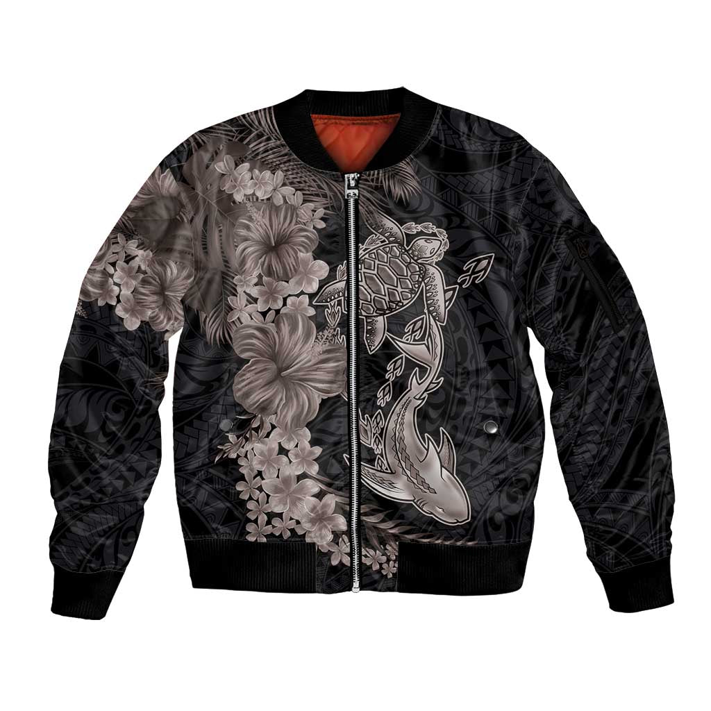 Hawaiian Tropical Plants Turtle and Shark Sleeve Zip Bomber Jacket Polynesian Art Tattoo Grayscale Color