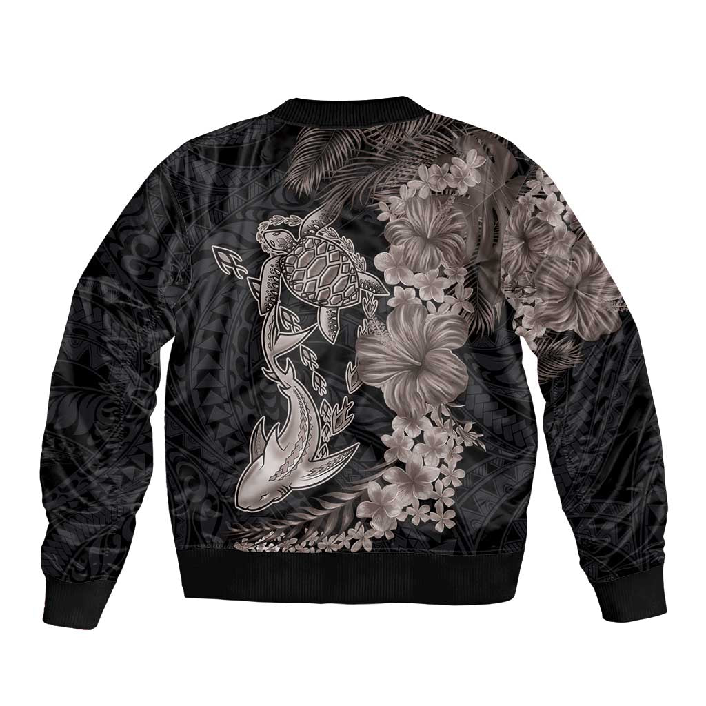 Hawaiian Tropical Plants Turtle and Shark Sleeve Zip Bomber Jacket Polynesian Art Tattoo Grayscale Color