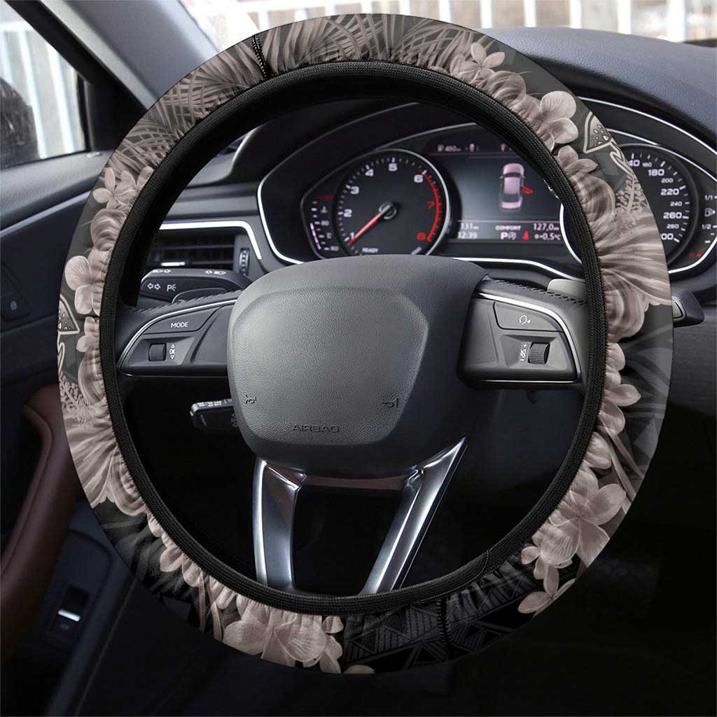 Hawaiian Tropical Plants Turtle and Shark Steering Wheel Cover Polynesian Art Tattoo Grayscale Color