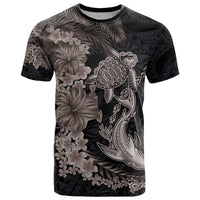 Hawaiian Tropical Plants Turtle and Shark T Shirt Polynesian Art Tattoo Grayscale Color