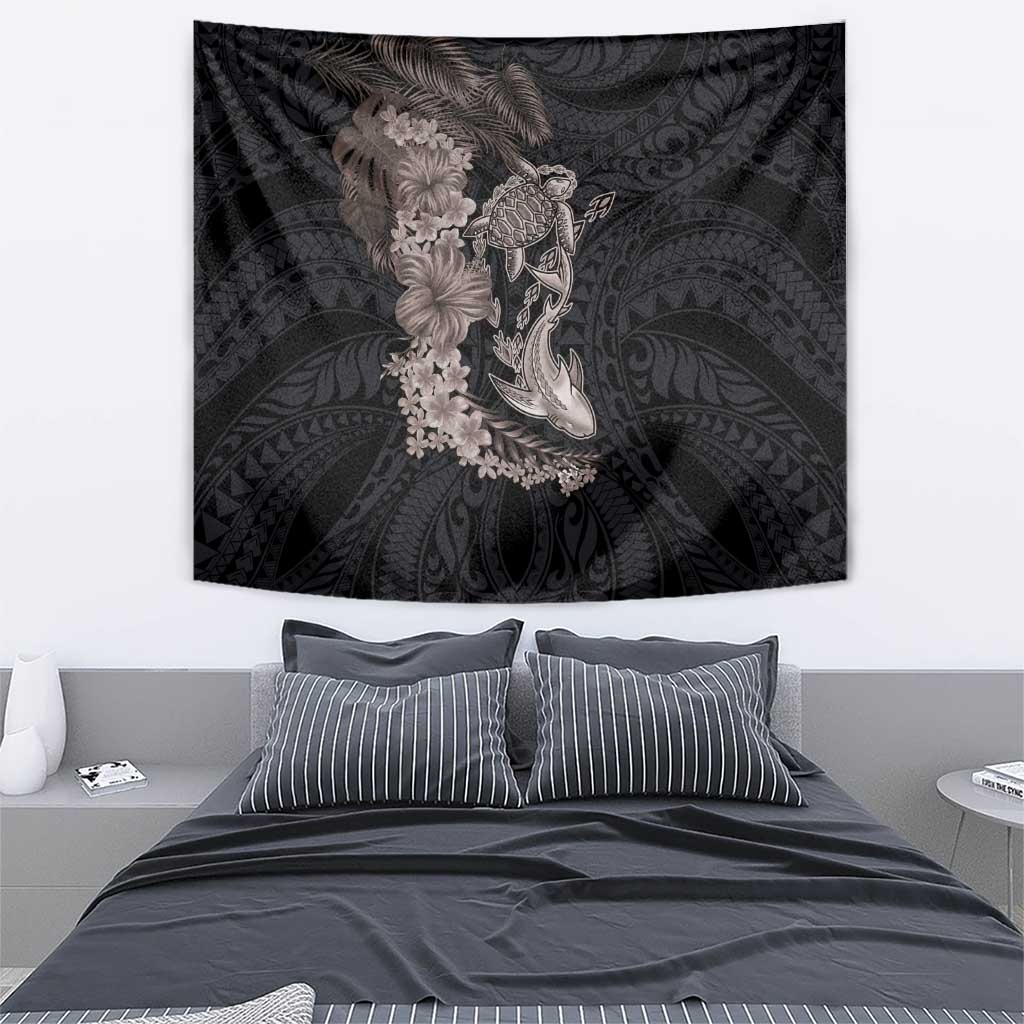 Hawaiian Tropical Plants Turtle and Shark Tapestry Polynesian Art Tattoo Grayscale Color