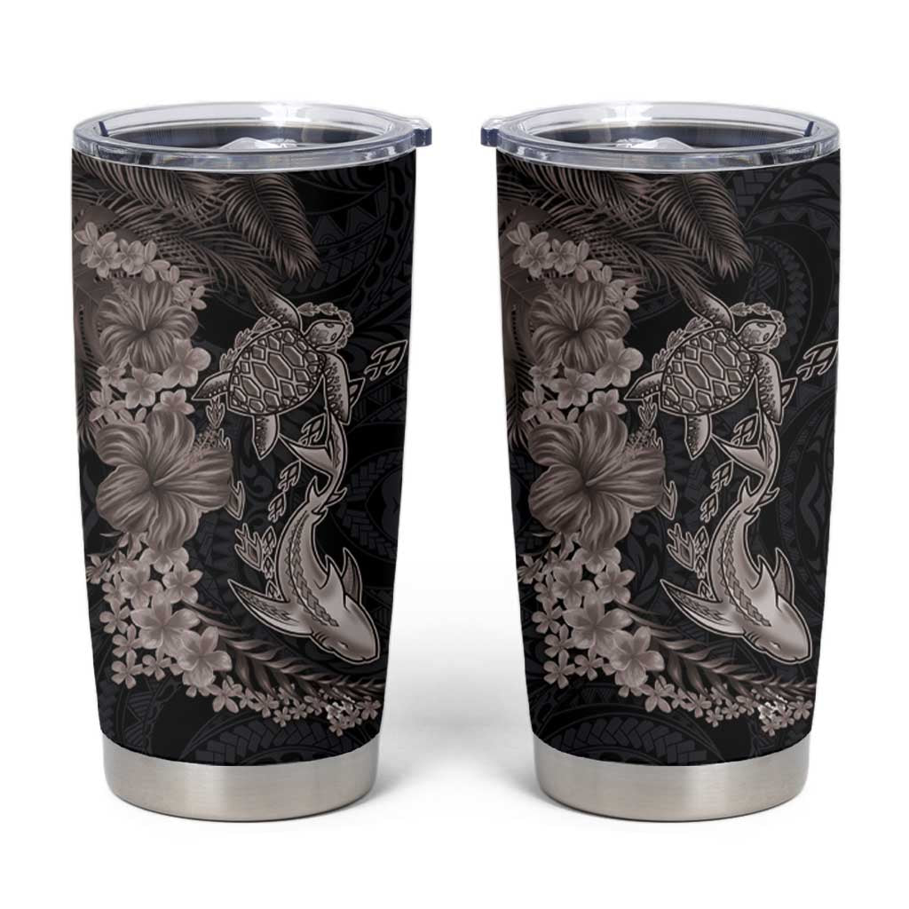Hawaiian Tropical Plants Turtle and Shark Tumbler Cup Polynesian Art Tattoo Grayscale Color
