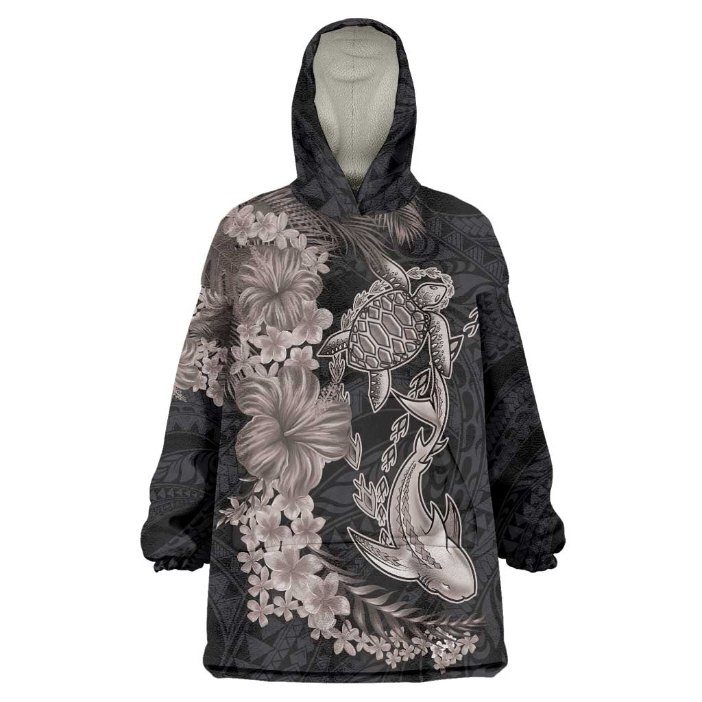 Hawaiian Tropical Plants Turtle and Shark Wearable Blanket Hoodie Polynesian Art Tattoo Grayscale Color