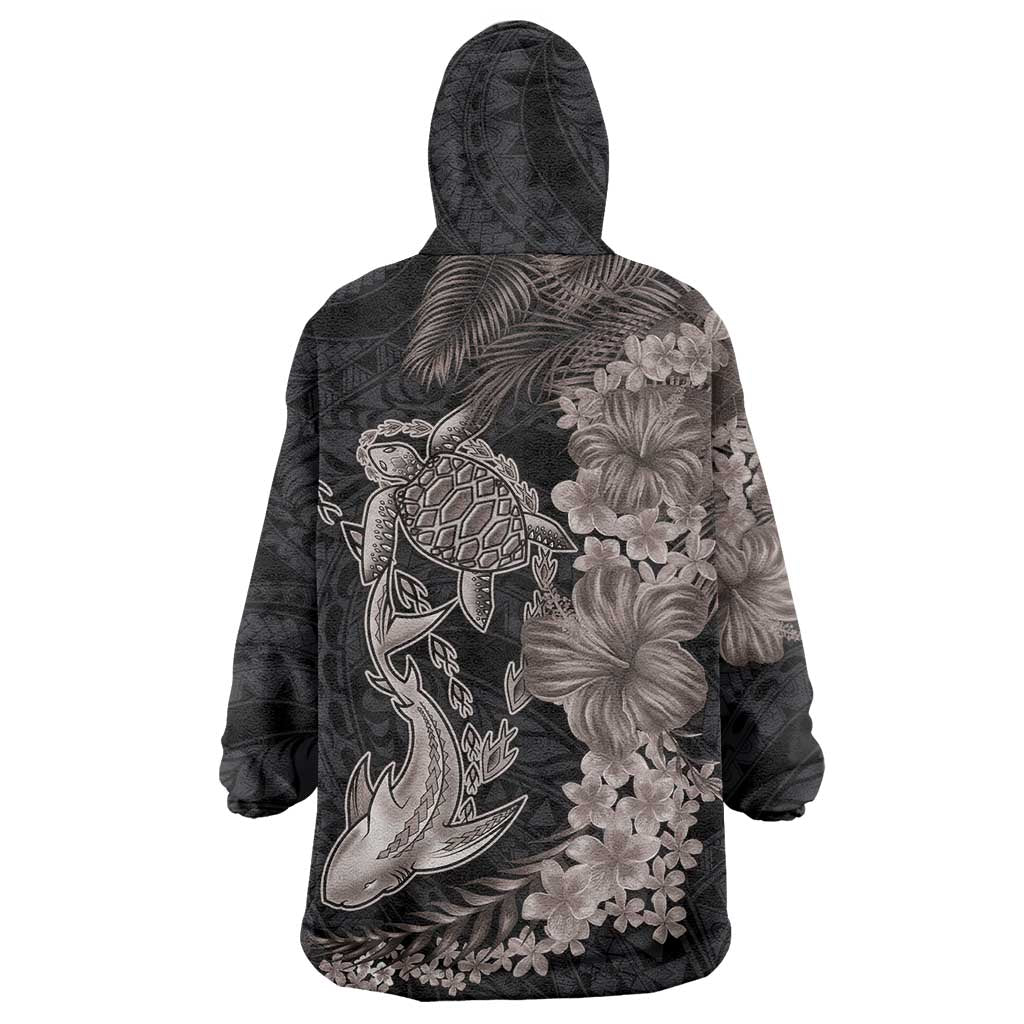 Hawaiian Tropical Plants Turtle and Shark Wearable Blanket Hoodie Polynesian Art Tattoo Grayscale Color