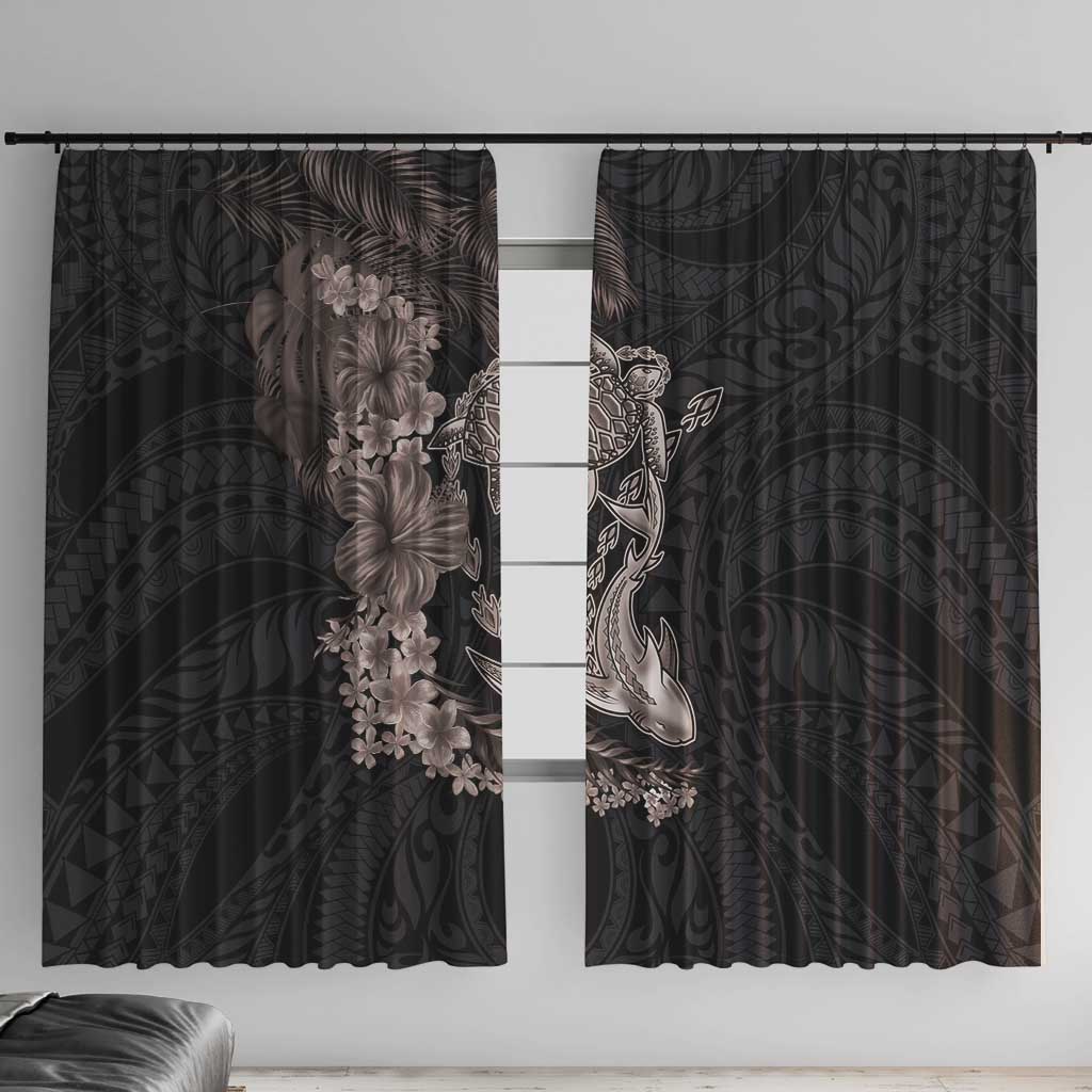 Hawaiian Tropical Plants Turtle and Shark Window Curtain Polynesian Art Tattoo Grayscale Color
