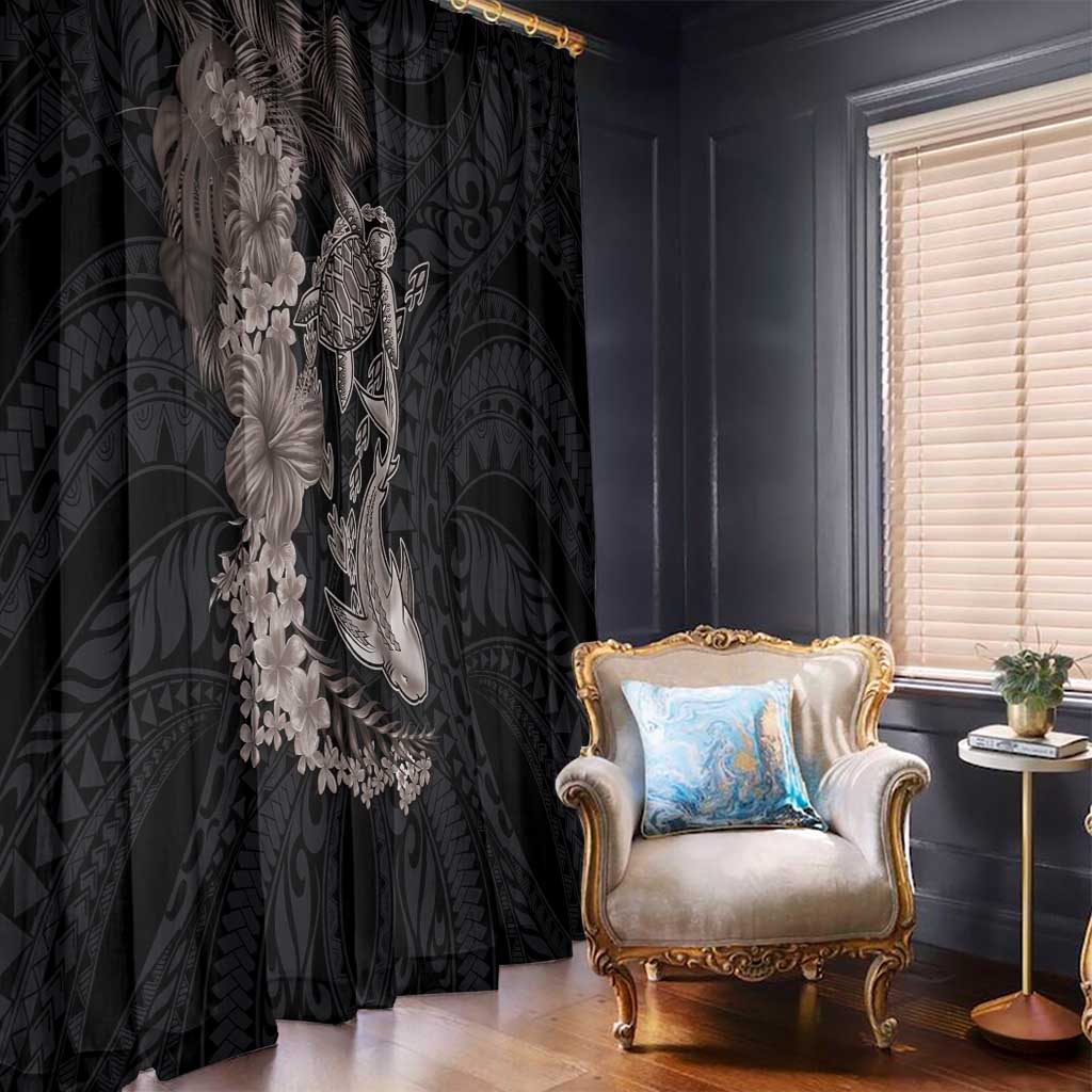Hawaiian Tropical Plants Turtle and Shark Window Curtain Polynesian Art Tattoo Grayscale Color